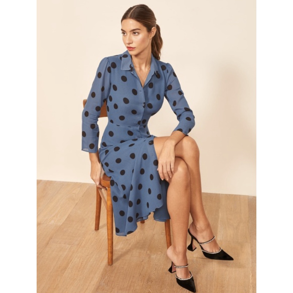 Reformation Arcadia Midi Dress Blue Polka Dots Size 6